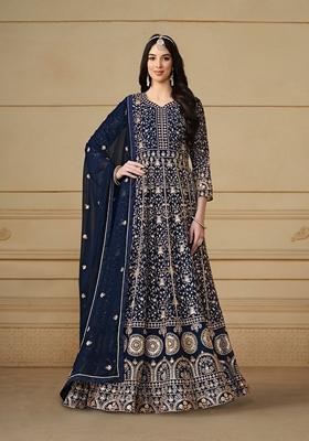 Navy Blue Embroidered Faux Georgette Anarkali Kurta Set
