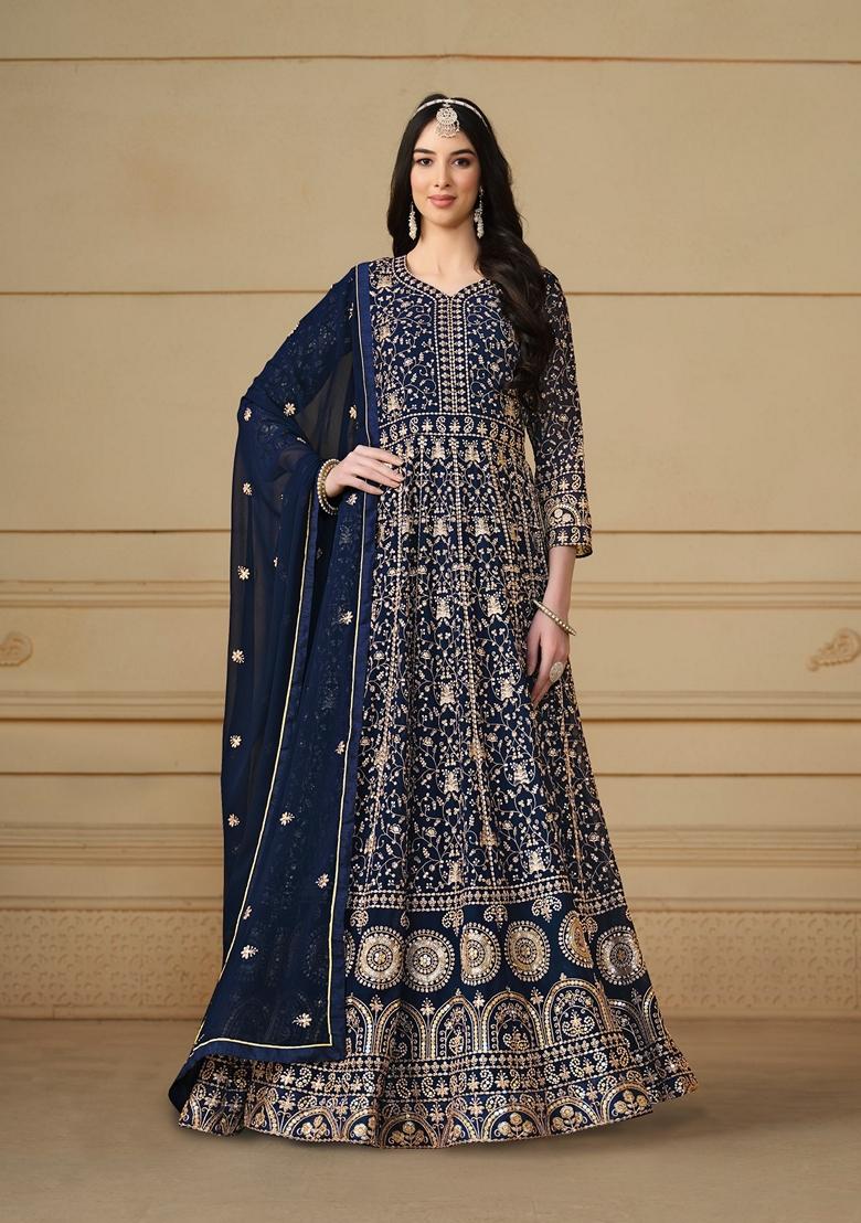 Navy Blue Embroidered Faux Georgette Anarkali Kurta Set