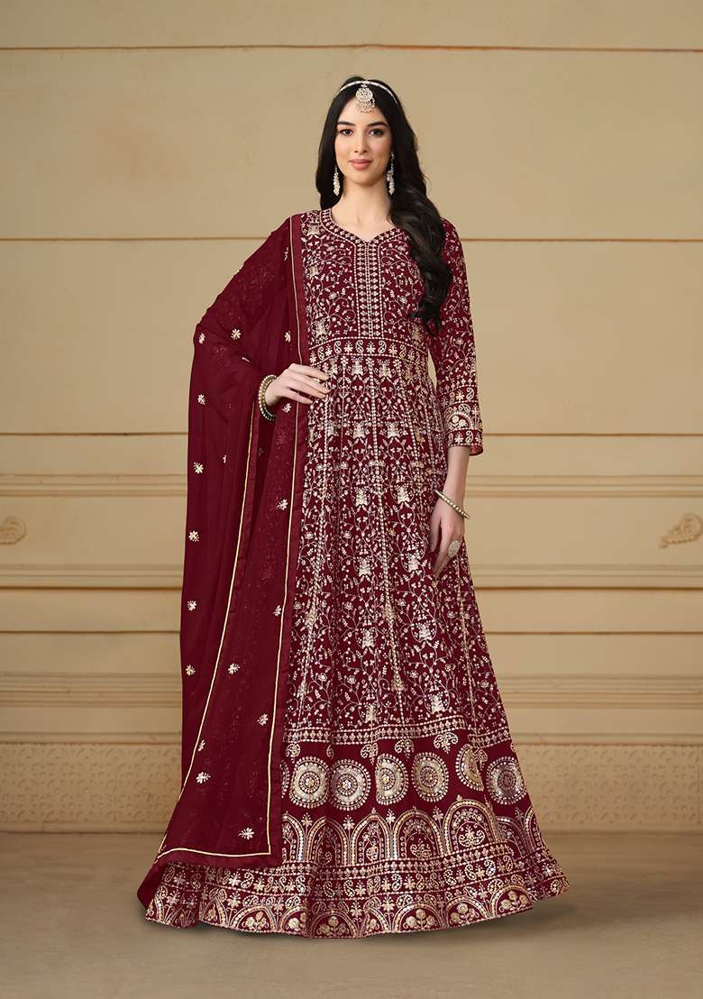 Maroon Embroidered Faux Blooming Anarkali Set - Indya