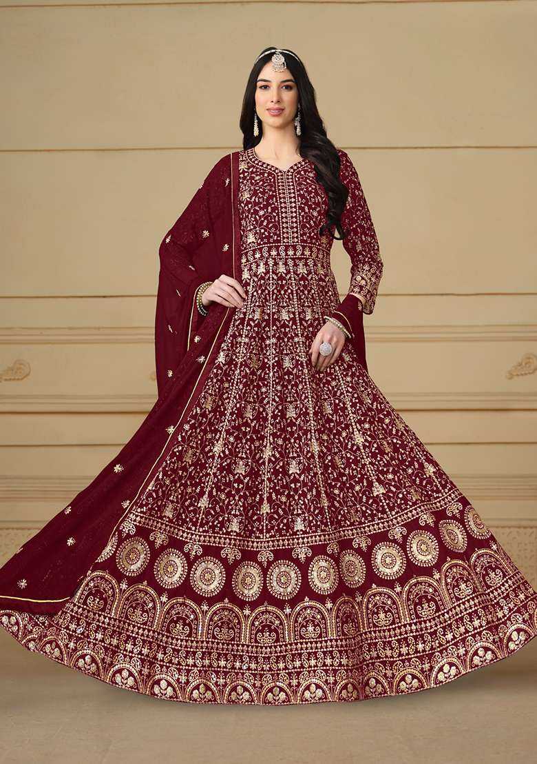 Maroon Embroidered Faux Blooming Anarkali Set - Indya