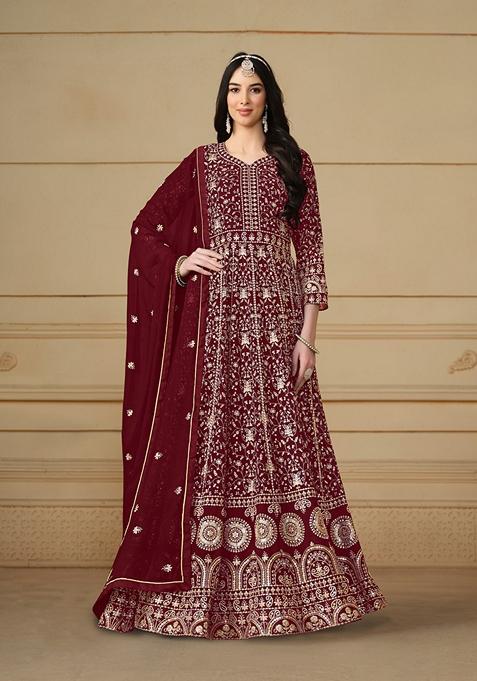 Maroon Embroidered Faux Georgette Anarkali Kurta Set