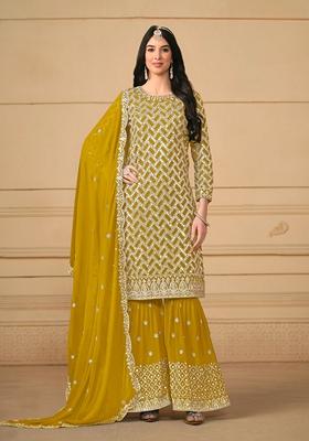 Yellow Embroidered Faux Georgette Kurta Set