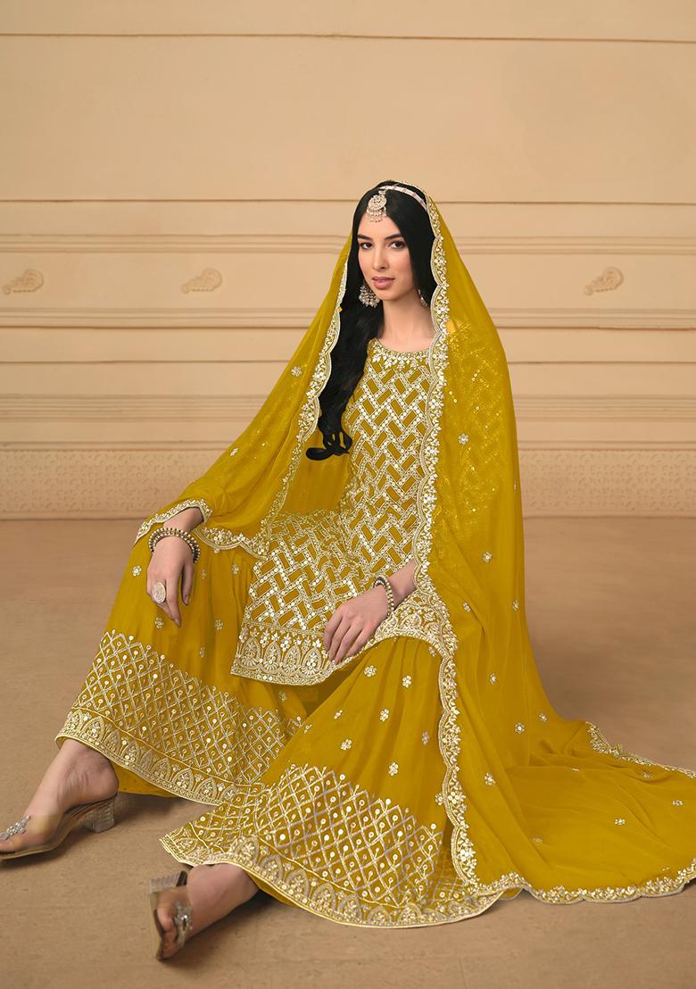 Yellow Embroidered Faux Georgette Kurta Set