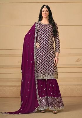 Wine Embroidered Faux Georgette Kurta Set