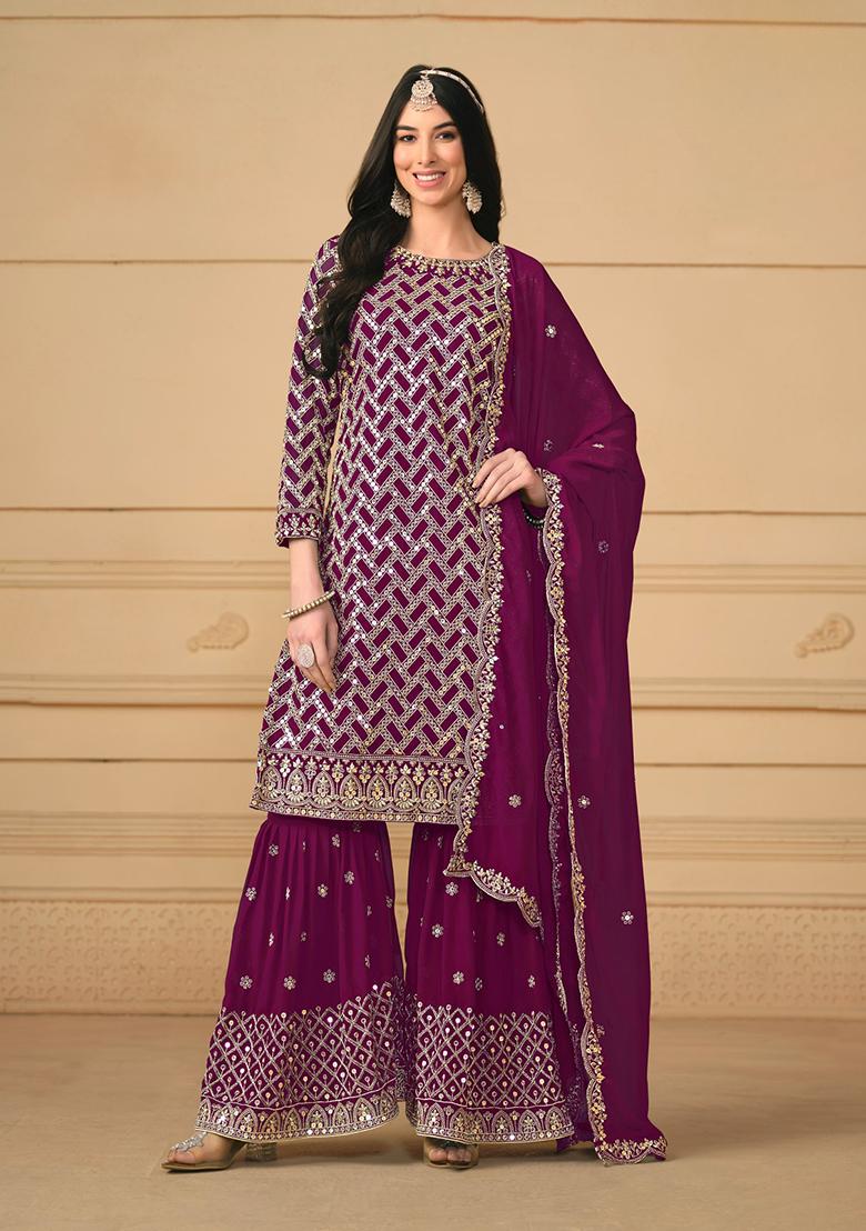 Wine Embroidered Faux Georgette Kurta Set