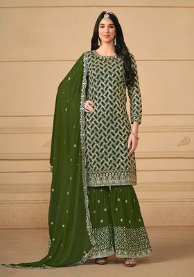 Green Embroidered Faux Georgette Kurta Set