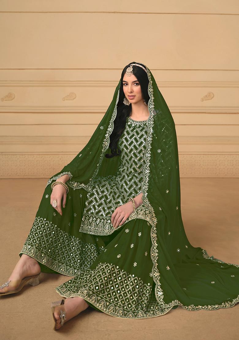 Green Embroidered Faux Georgette Kurta Set