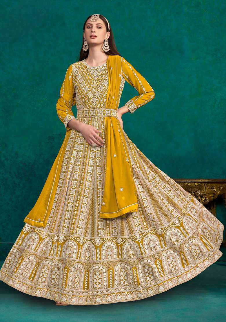 Yellow Embroidered Faux Georgette Anarkali With Dupatta - Indya