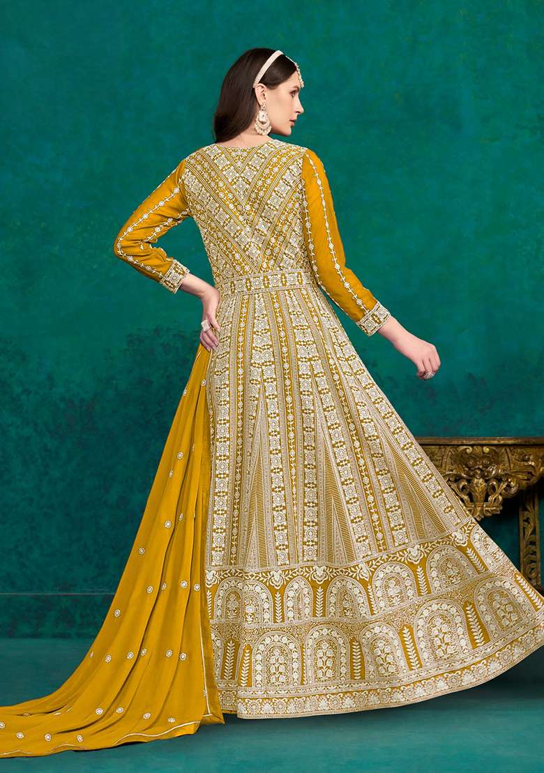 Yellow Embroidered Faux Georgette Anarkali With Dupatta - Indya