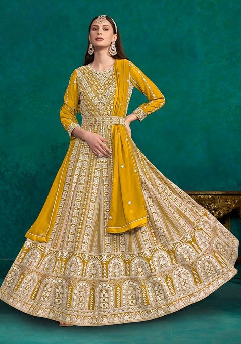 Yellow Embroidered Faux Georgette Anarkali Kurta Set