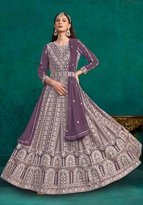 Purple Embroidered Faux Georgette Anarkali Kurta Set