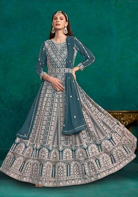 Teal Embroidered Faux Georgette Anarkali Kurta Set