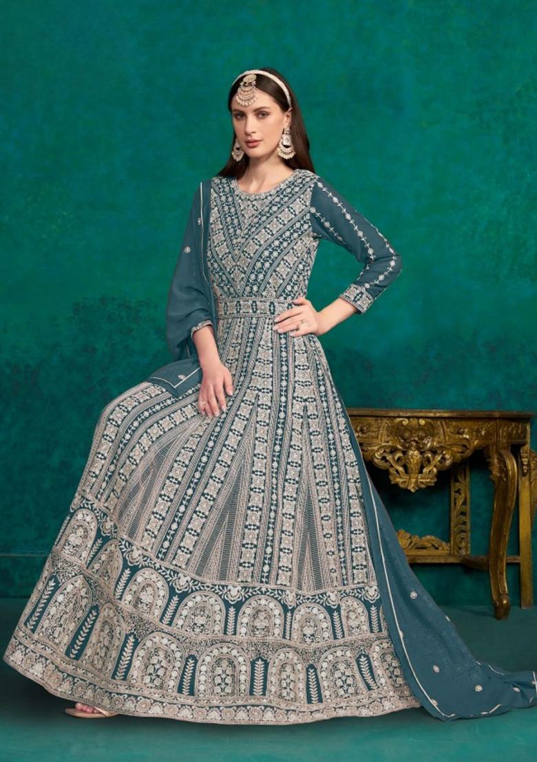 Teal Embroidered Faux Georgette Anarkali Kurta Set
