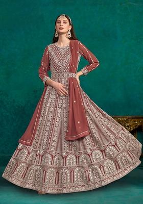 Coffee Brown Embroidered Faux Georgette Anarkali Kurta Set