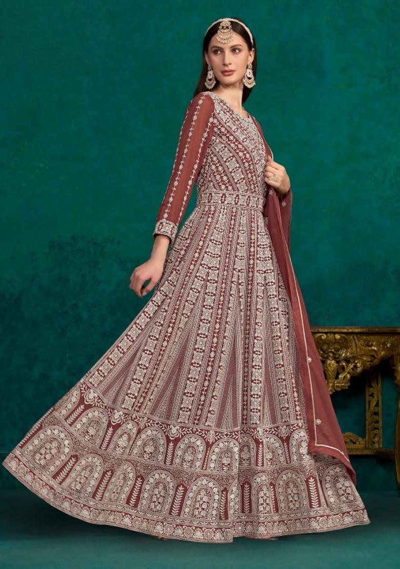 Coffee Brown Embroidered Faux Georgette Anarkali Kurta Set