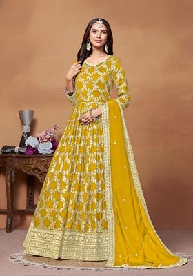 Yellow Jacquard Pure Silk Anarkali Kurta Set