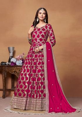 Pink Jacquard Pure Silk Anarkali Kurta Set