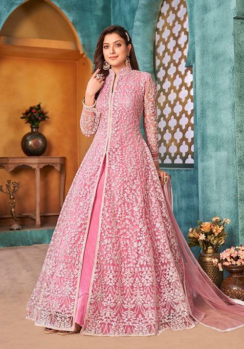 Pink Embroidered Net Anarkali Kurta Set
