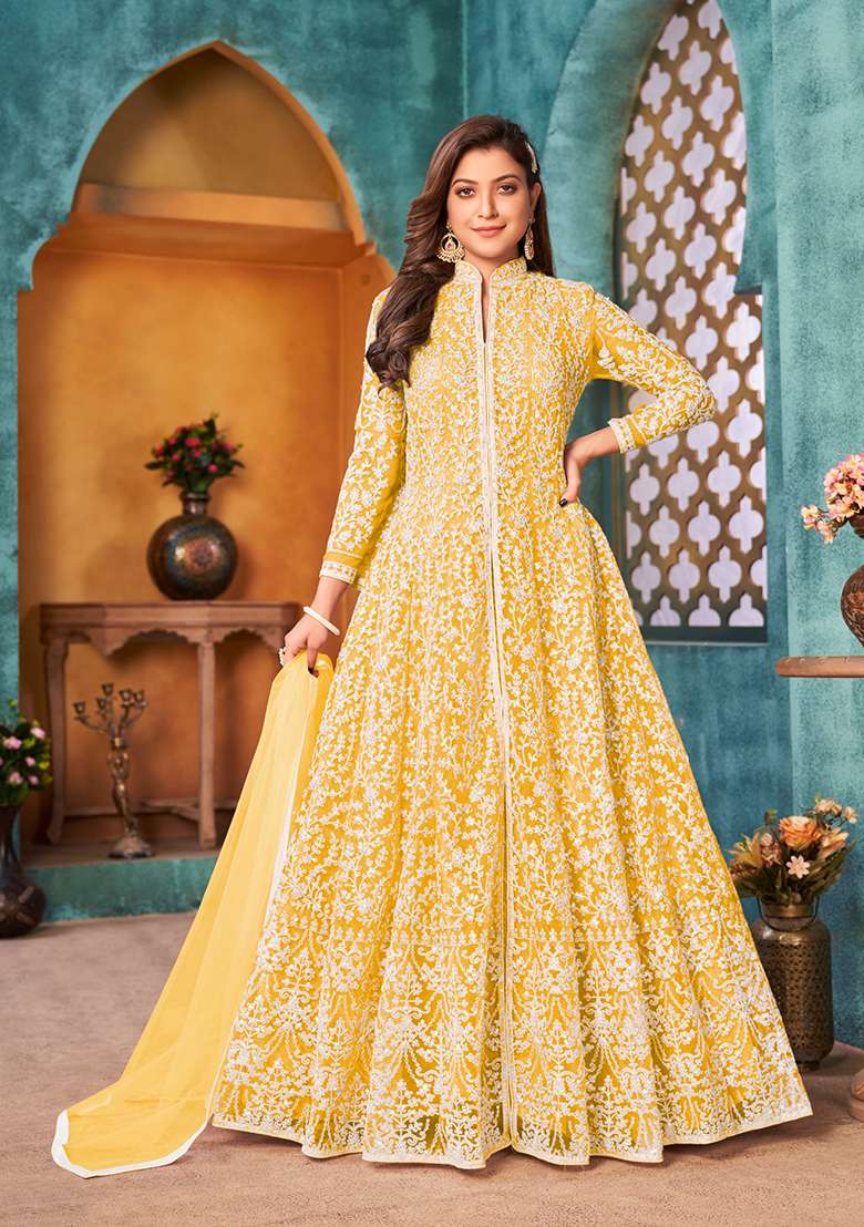 Yellow Embroidered Net Anarkali Set - Indya