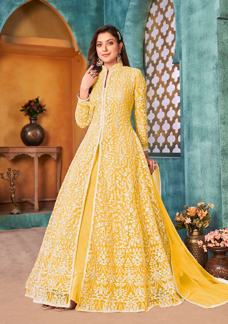 Yellow Embroidered Net Anarkali Set - Indya