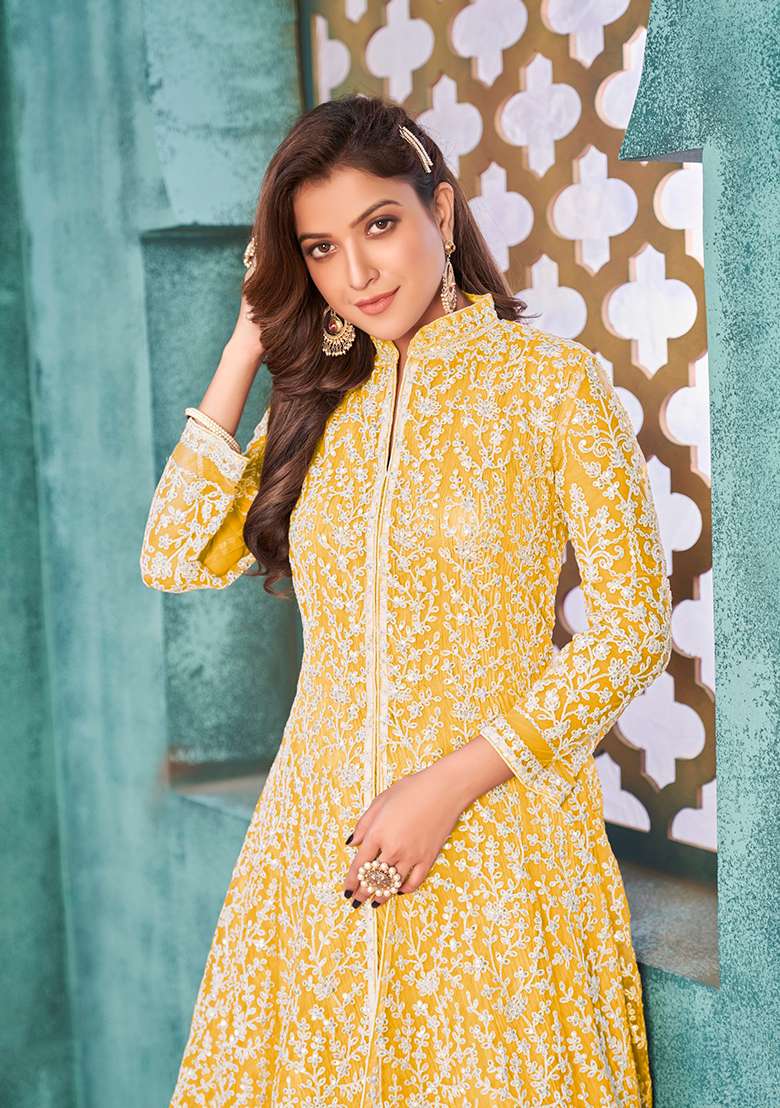 Yellow Embroidered Net Anarkali Set - Indya