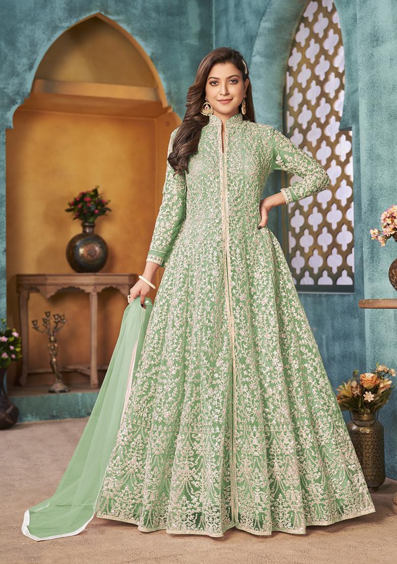Light Green Embroidered Net Anarkali Kurta Set