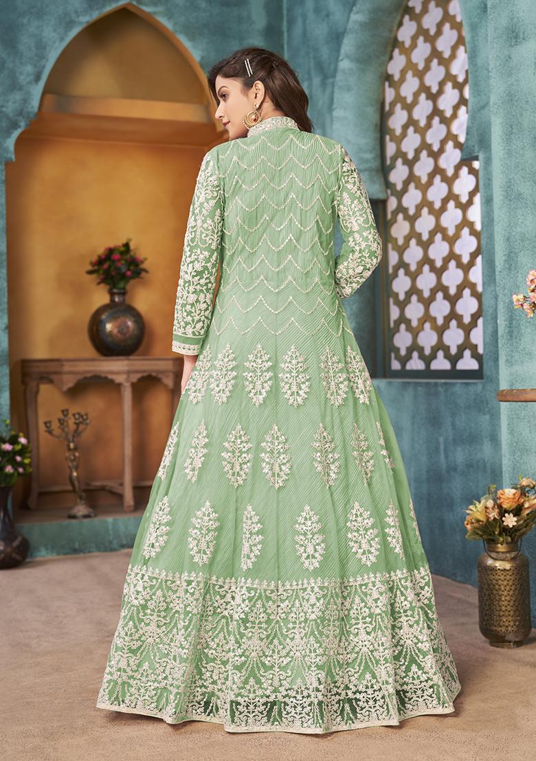 Light Green Embroidered Net Anarkali Kurta Set