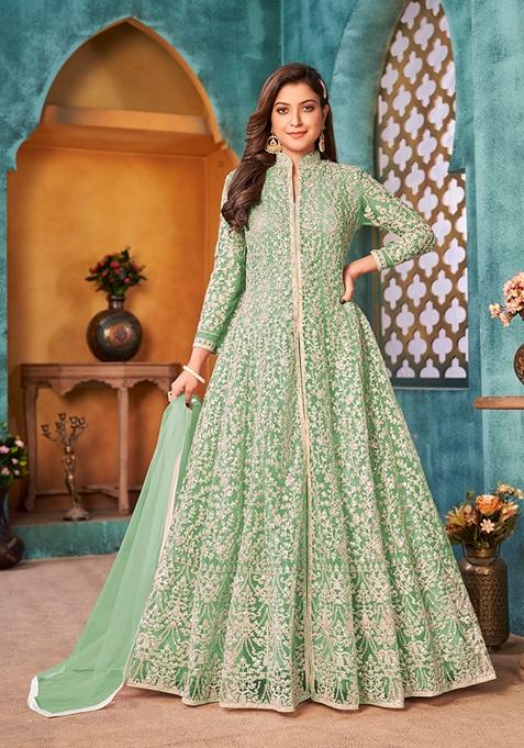 Light Green Embroidered Net Anarkali Kurta Set