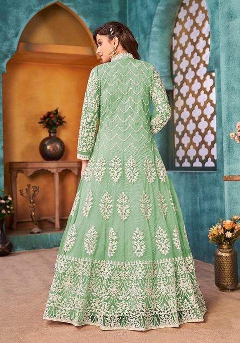 Light Green Embroidered Net Anarkali Kurta Set