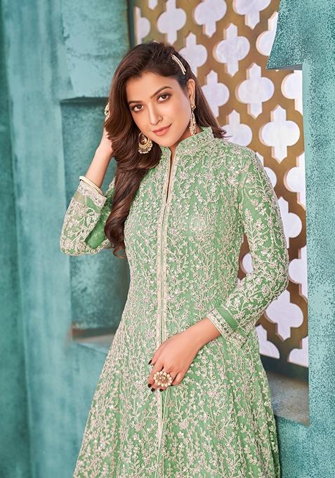 Light Green Embroidered Net Anarkali Kurta Set