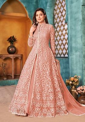 Peach Embroidered Net Anarkali Kurta Set