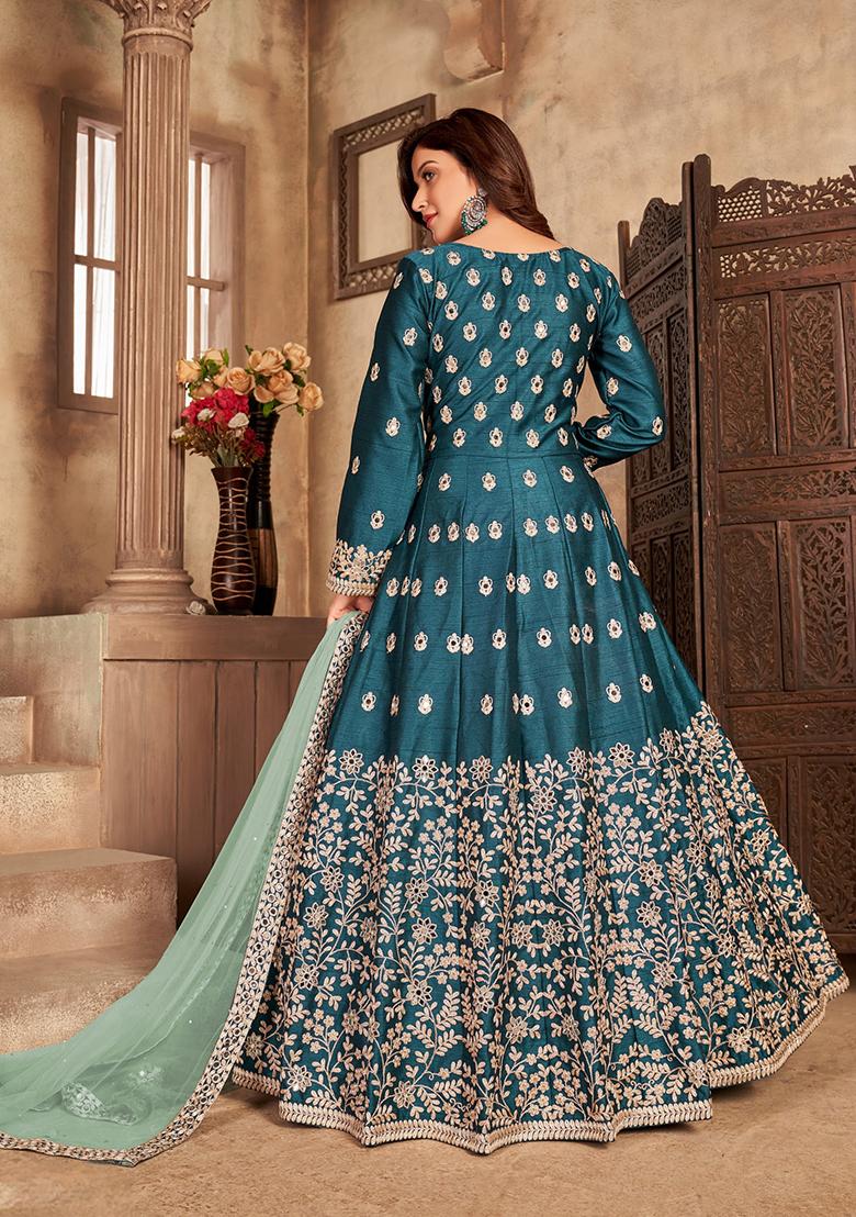 Teal Embroidered Pure Art Silk Anarkali Kurta Set - Indya