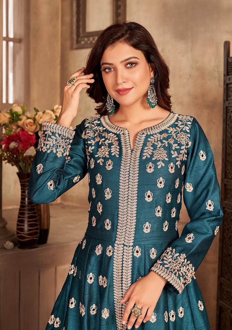 Teal Embroidered Pure Art Silk Anarkali Kurta Set - Indya