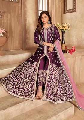 Purple Embroidered Pure Art Silk Anarkali Kurta Set