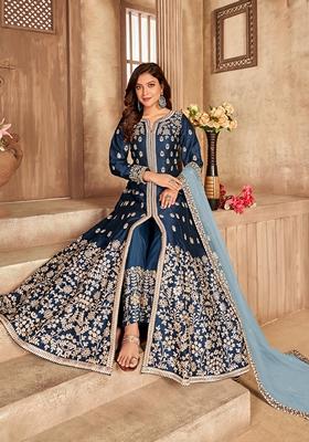 Navy Blue Embroidered Pure Art Silk Anarkali Kurta Set
