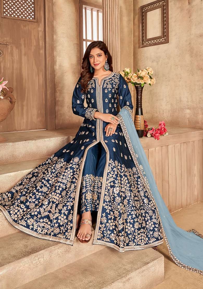 Navy Blue Embroidered Silk Blend Anarkali Set - Indya