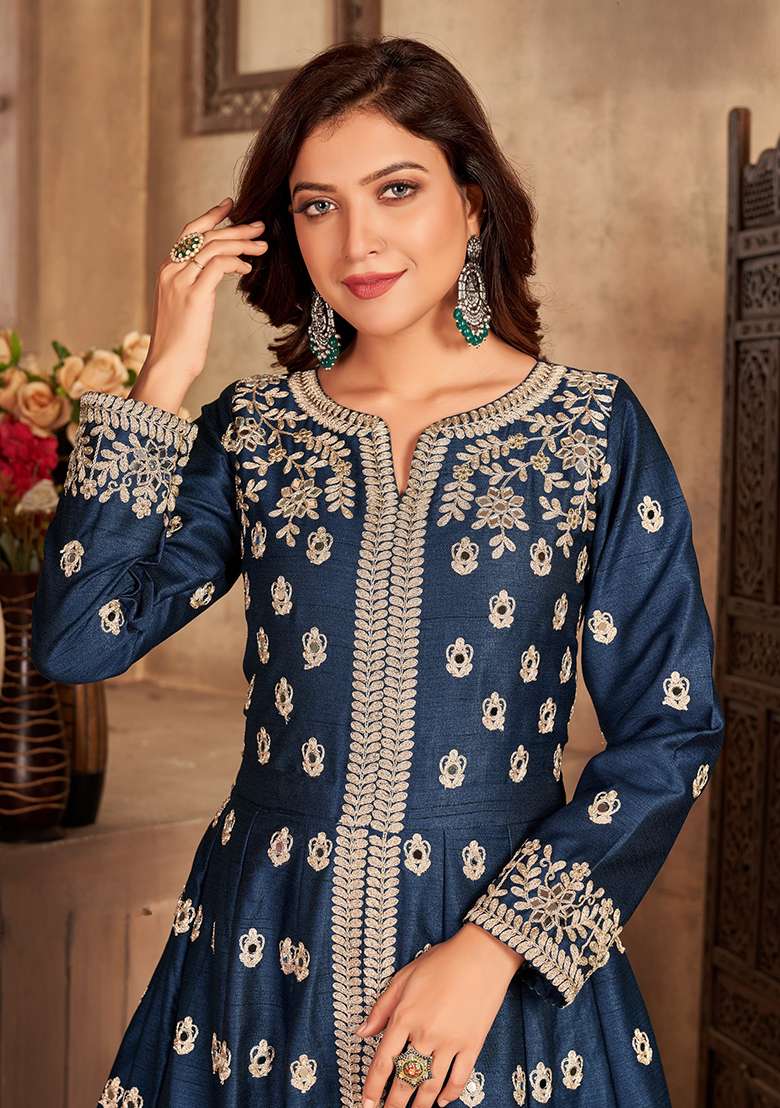 Navy Blue Embroidered Silk Blend Anarkali Set - Indya