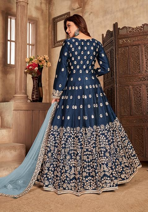 Women's Geometric Anarkali Navy Blue Kurta Set