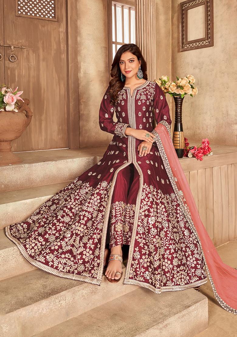 Maroon Embroidered Pure Art Silk Anarkali Kurta Set