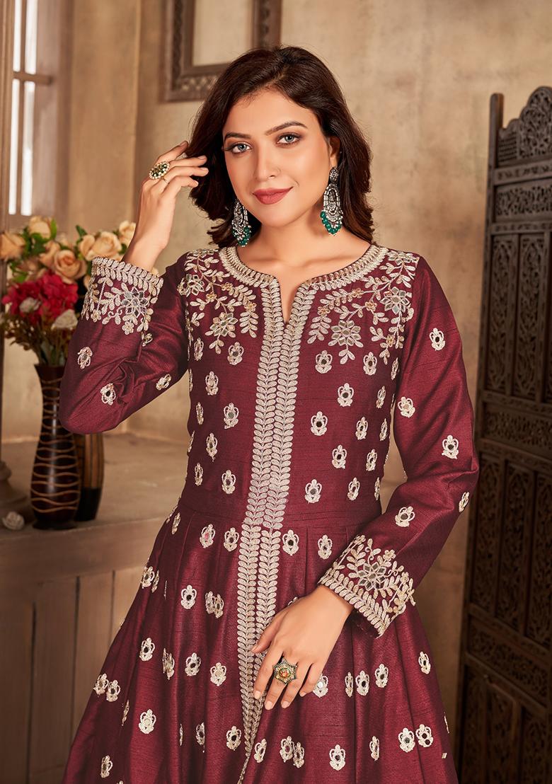 Maroon Embroidered Pure Art Silk Anarkali Kurta Set