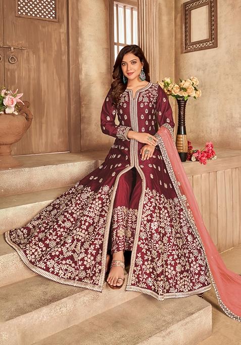 Maroon Embroidered Pure Art Silk Anarkali Kurta Set