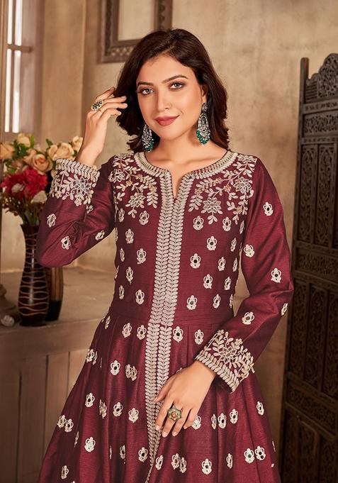 Maroon Embroidered Pure Art Silk Anarkali Kurta Set