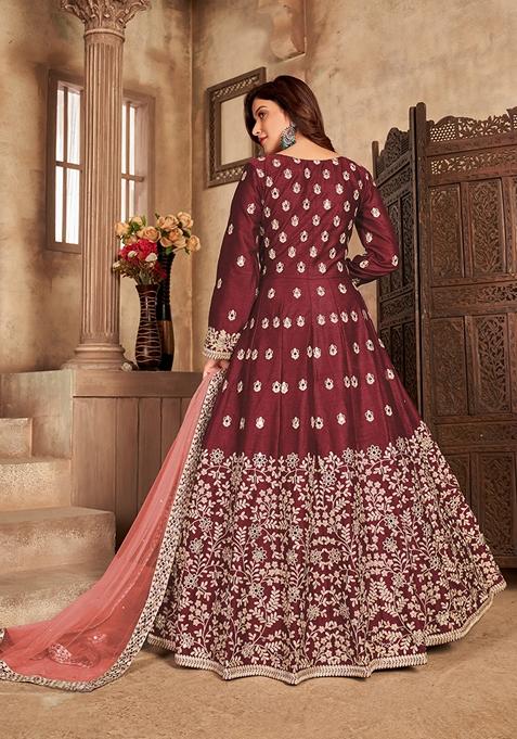Maroon Embroidered Pure Art Silk Anarkali Kurta Set