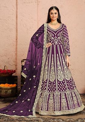 Purple Embroidered Net Anarkali Kurta Set