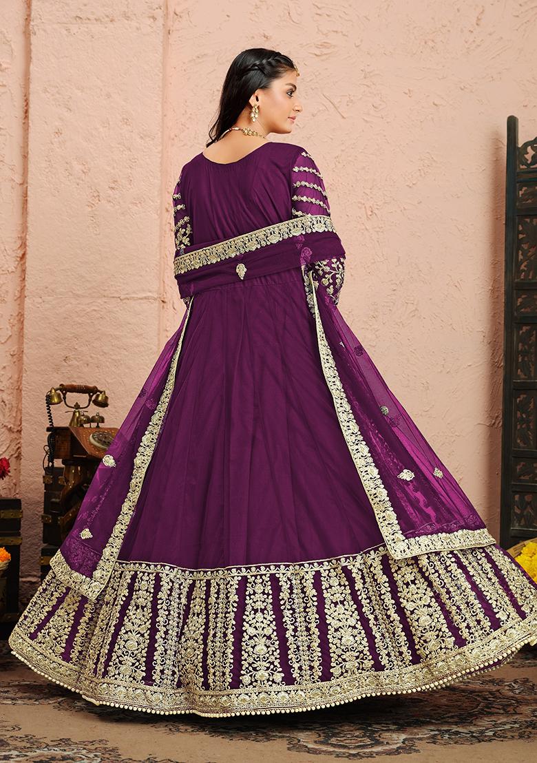 Purple Embroidered Net Anarkali Kurta Set