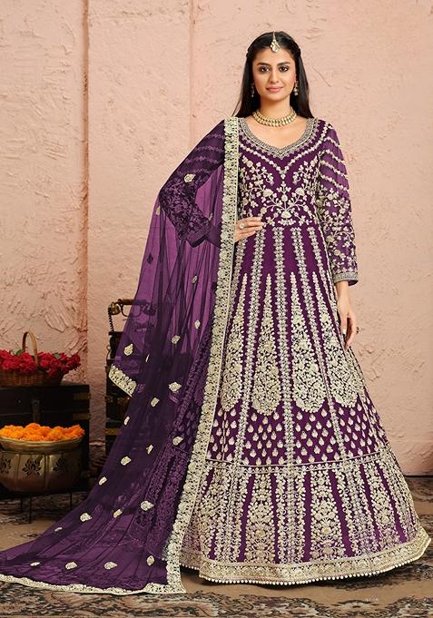 Purple Embroidered Net Anarkali Kurta Set
