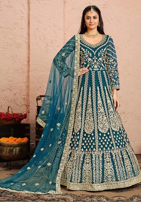 Teal Embroidered Net Anarkali Kurta Set