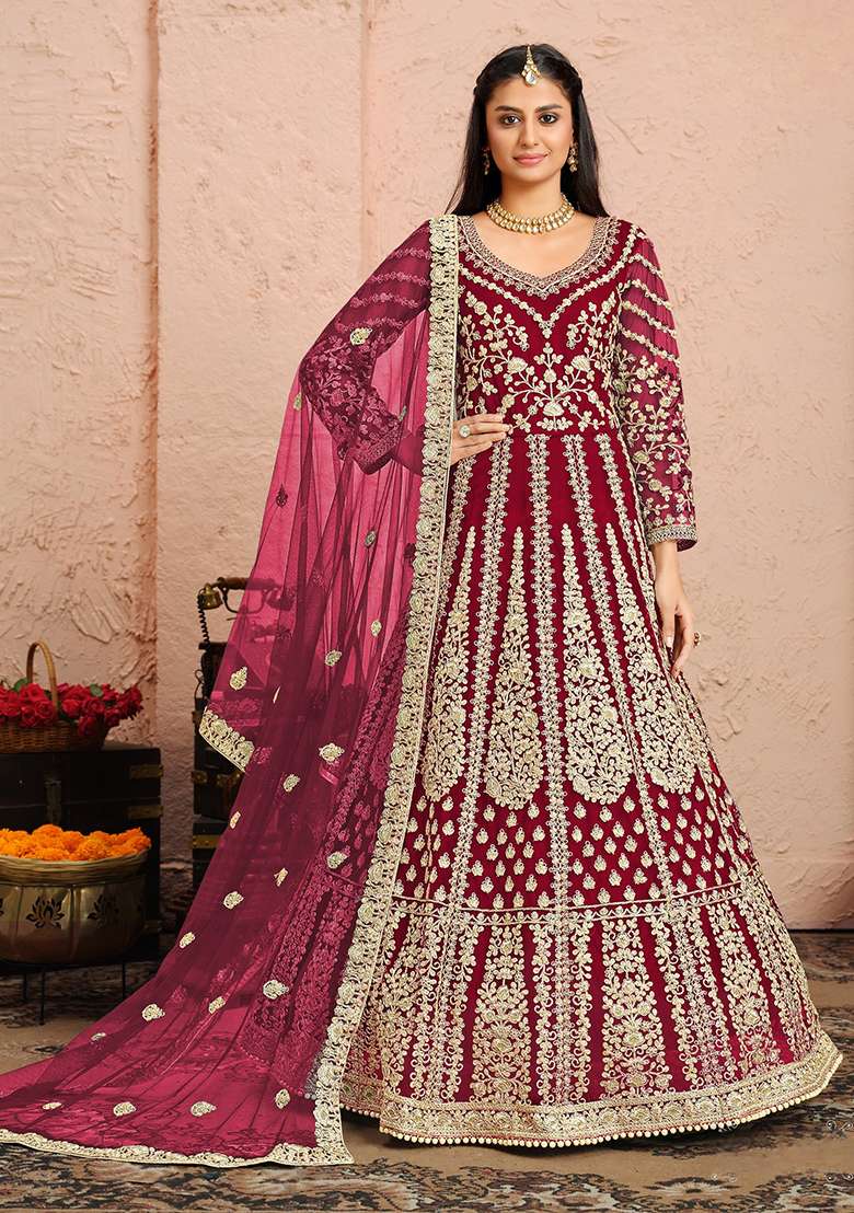 Pink Embroidered Net Anarkali Set - Indya