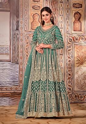 Green Embroidered Net Anarkali Kurta Set