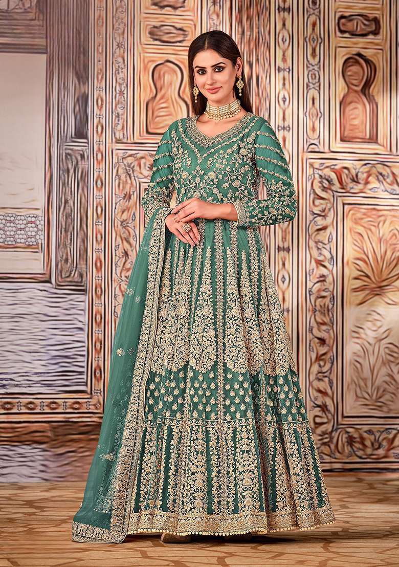 Green Embroidered Net Anarkali Set - Indya